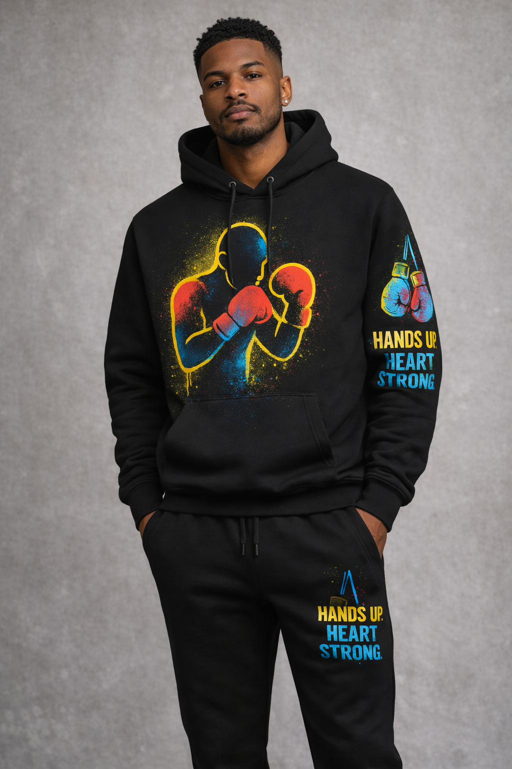 Men's 2pc Boxing Hands Up Heart Strong Hoodie & Pants Set