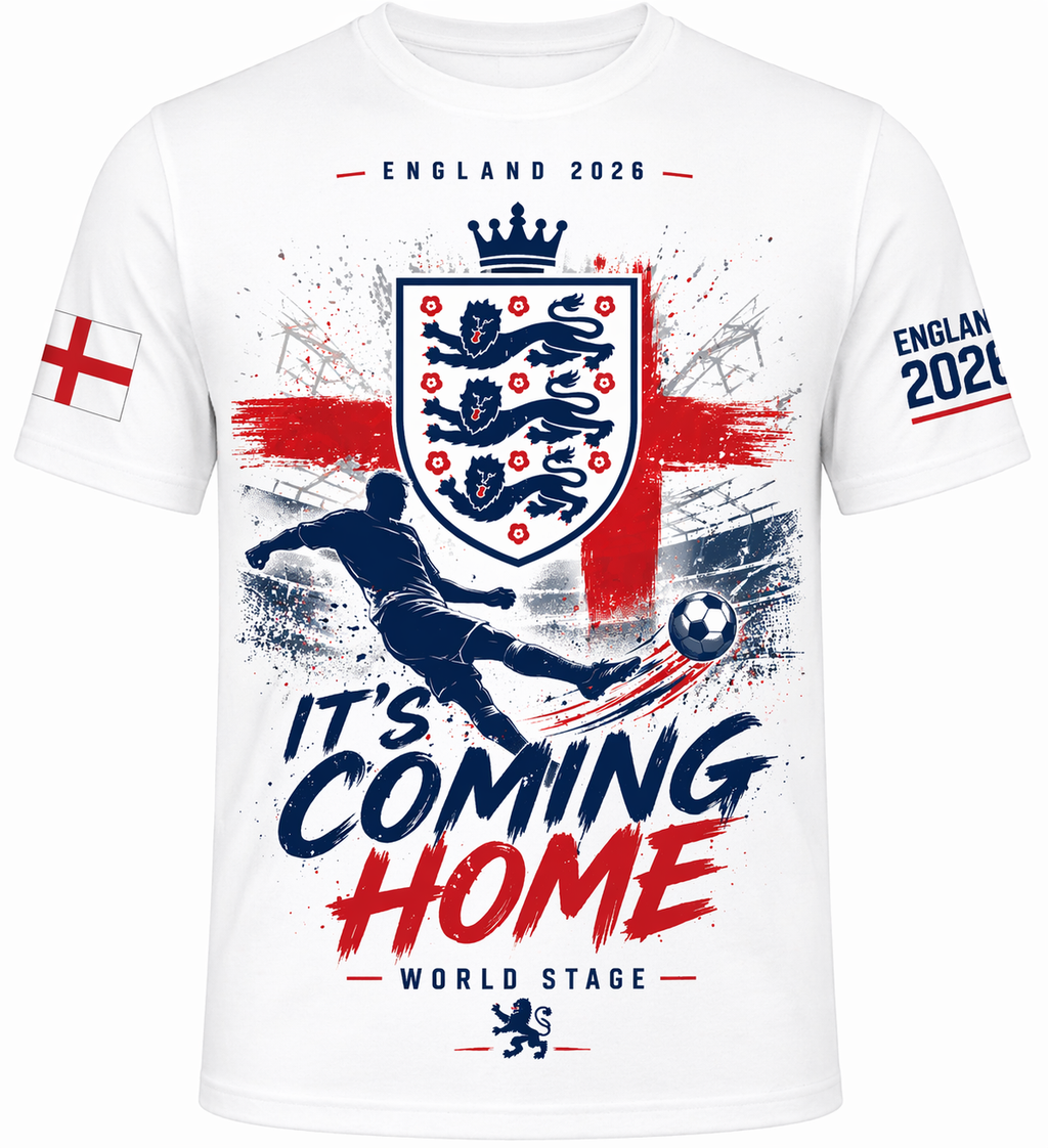 England 2026 “It’s Coming Home” Tee – Front & Back Print | World Stage | Unisex White Cotton T-Shirt (S–2XL)