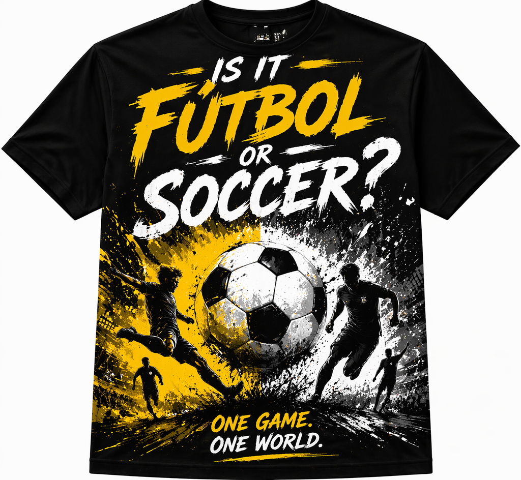 “Is It Fútbol or Soccer?” World Edition Fan Tee –  Black Blue Global Edition