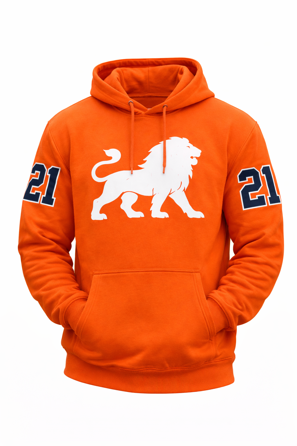 Men's Orange Hoodie with White Lion Graphic Blue 21 Sleeve Print