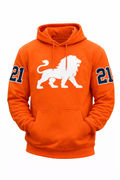 Men's Orange Hoodie with White Lion Graphic Blue 21 Sleeve Print