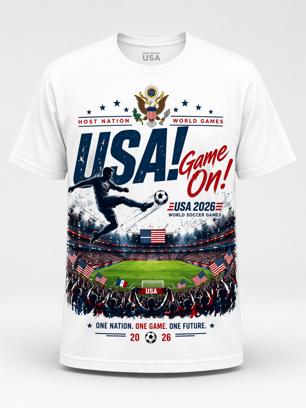 USA 2026 “Game On” Stadium Tee – Front & Back Print | World Soccer Games | Unisex Cotton T-Shirt (S–4XL)