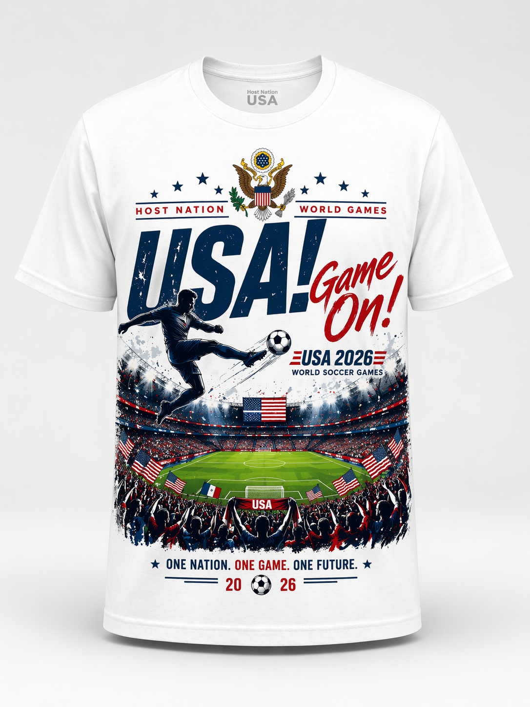 USA 2026 “Game On” Stadium Tee – Front & Back Print | World Soccer Games | Unisex Cotton T-Shirt (S–4XL)