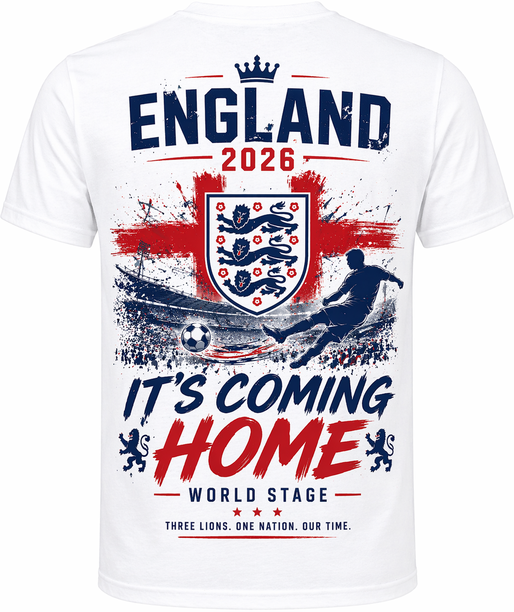 England 2026 “It’s Coming Home” Tee – Front & Back Print | World Stage | Unisex White Cotton T-Shirt (S–2XL)