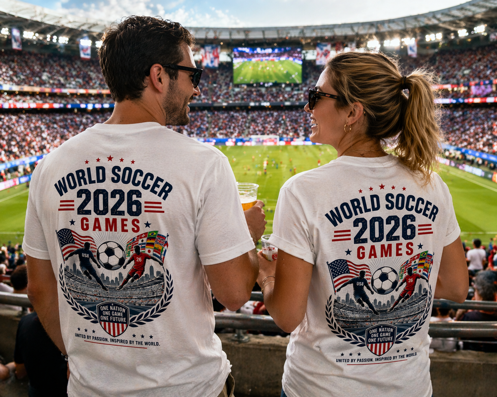 USA 2026 “Game On” Stadium Tee – Front & Back Print | World Soccer Games | Unisex Cotton T-Shirt (S–4XL)