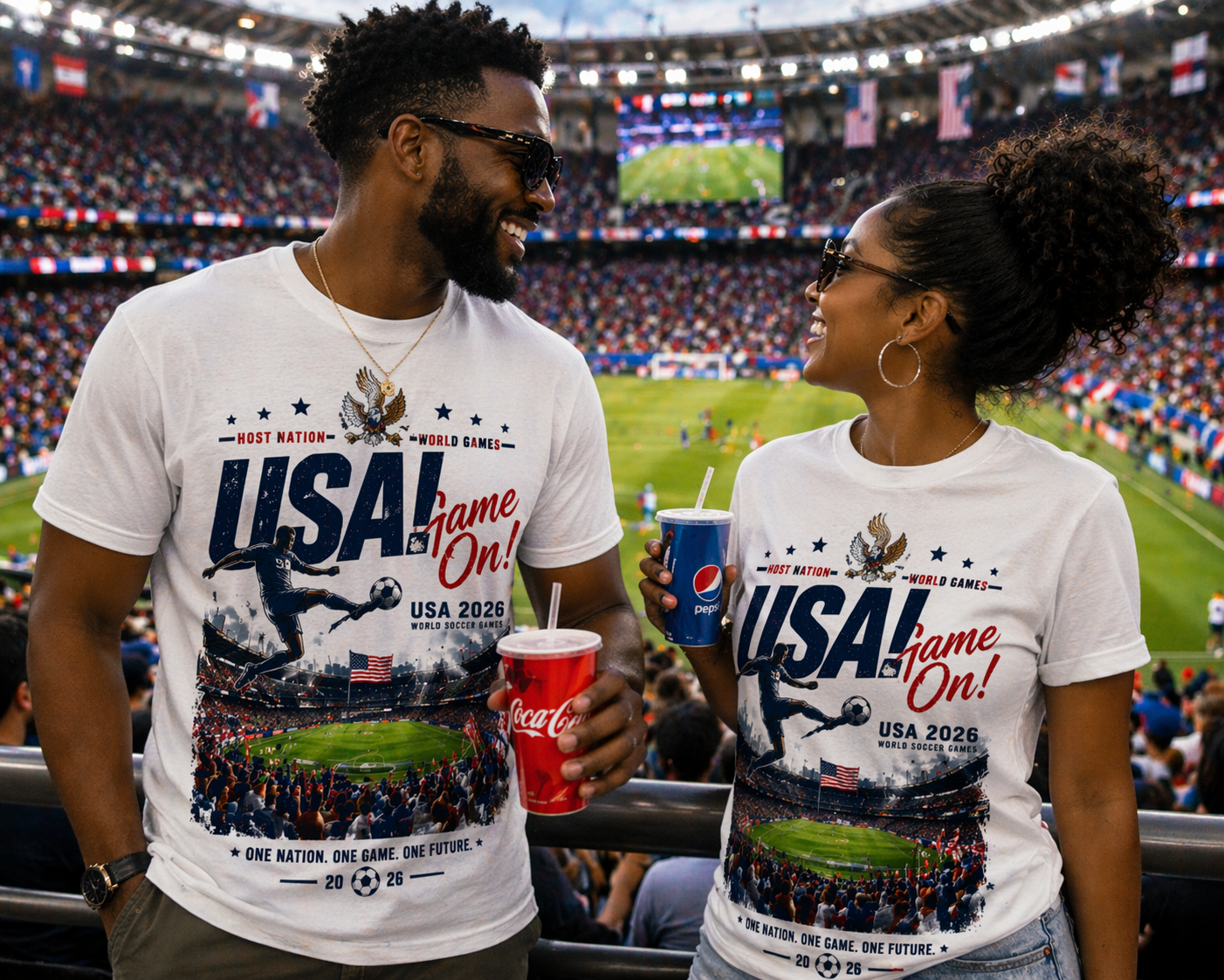 USA 2026 “Game On” Stadium Tee – Front & Back Print | World Soccer Games | Unisex Cotton T-Shirt (S–4XL)
