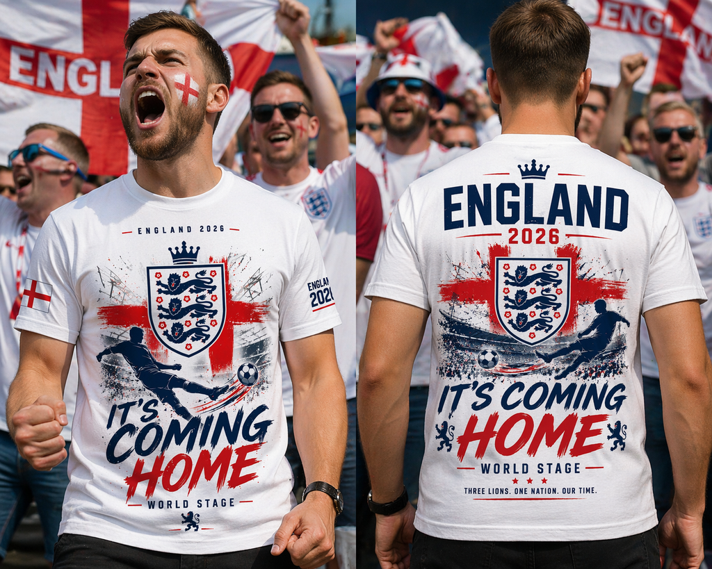 England 2026 “It’s Coming Home” Tee – Front & Back Print | World Stage | Unisex White Cotton T-Shirt (S–2XL)