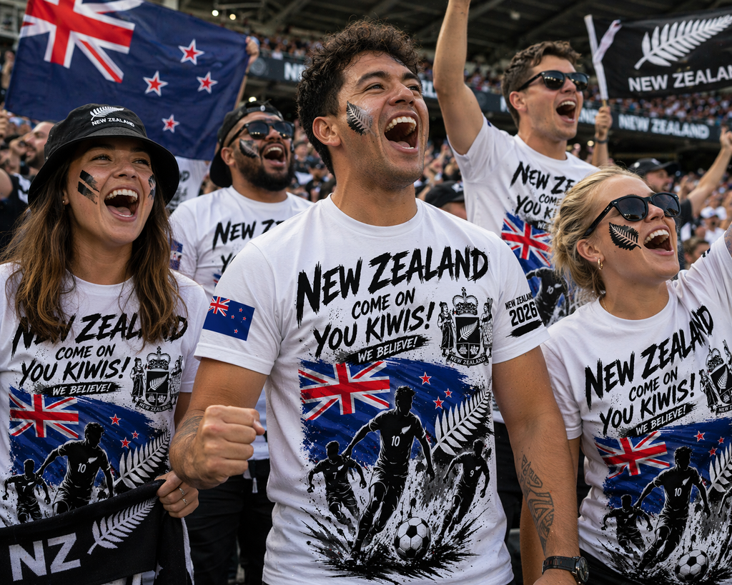 New Zealand 2026 “Come On You Kiwis!” Fan Tee – White Stadium Edition