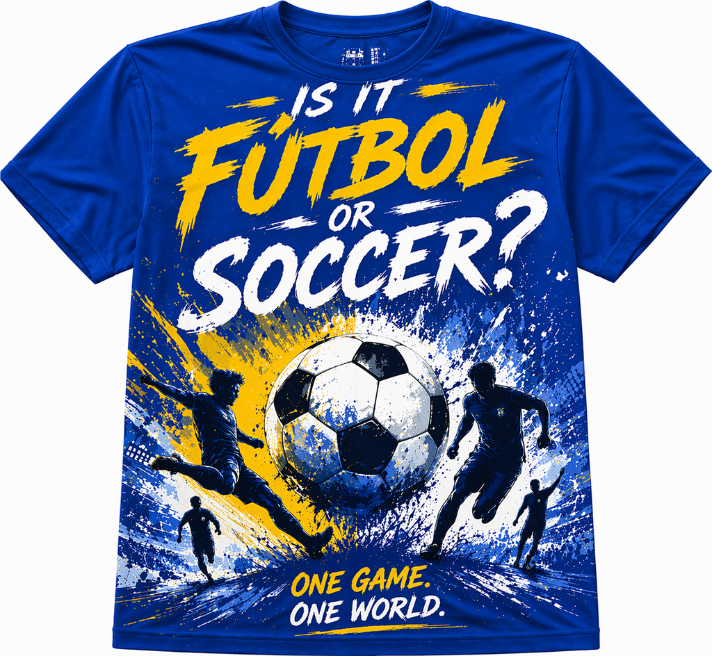 “Is It Fútbol or Soccer?” World Edition Fan Tee –  Black Blue Global Edition