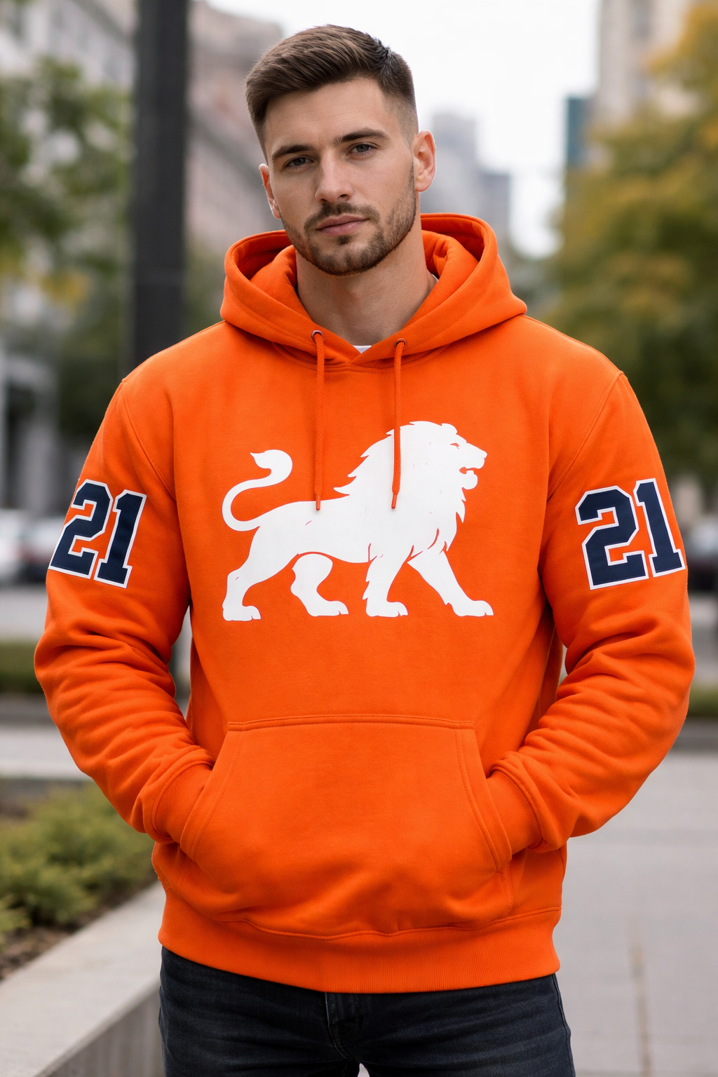 Men's Orange Hoodie with White Lion Graphic Blue 21 Sleeve Print